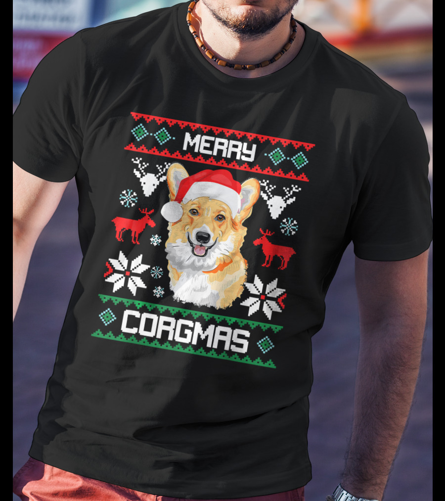 Merry Corgmas Corgi Dog Santa Hat Ugly Christmas T-Shirt
