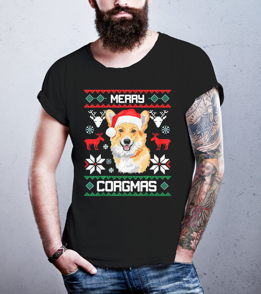 Merry Corgmas Corgi Dog Santa Hat Ugly Christmas T-Shirt