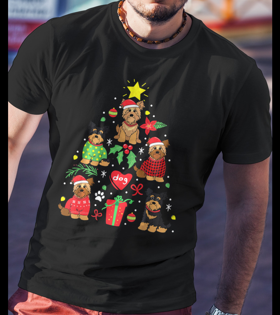 Yorkipoo Dog In Santa And Christmas Sweaters With Ornaments And Gifts T-Shirt