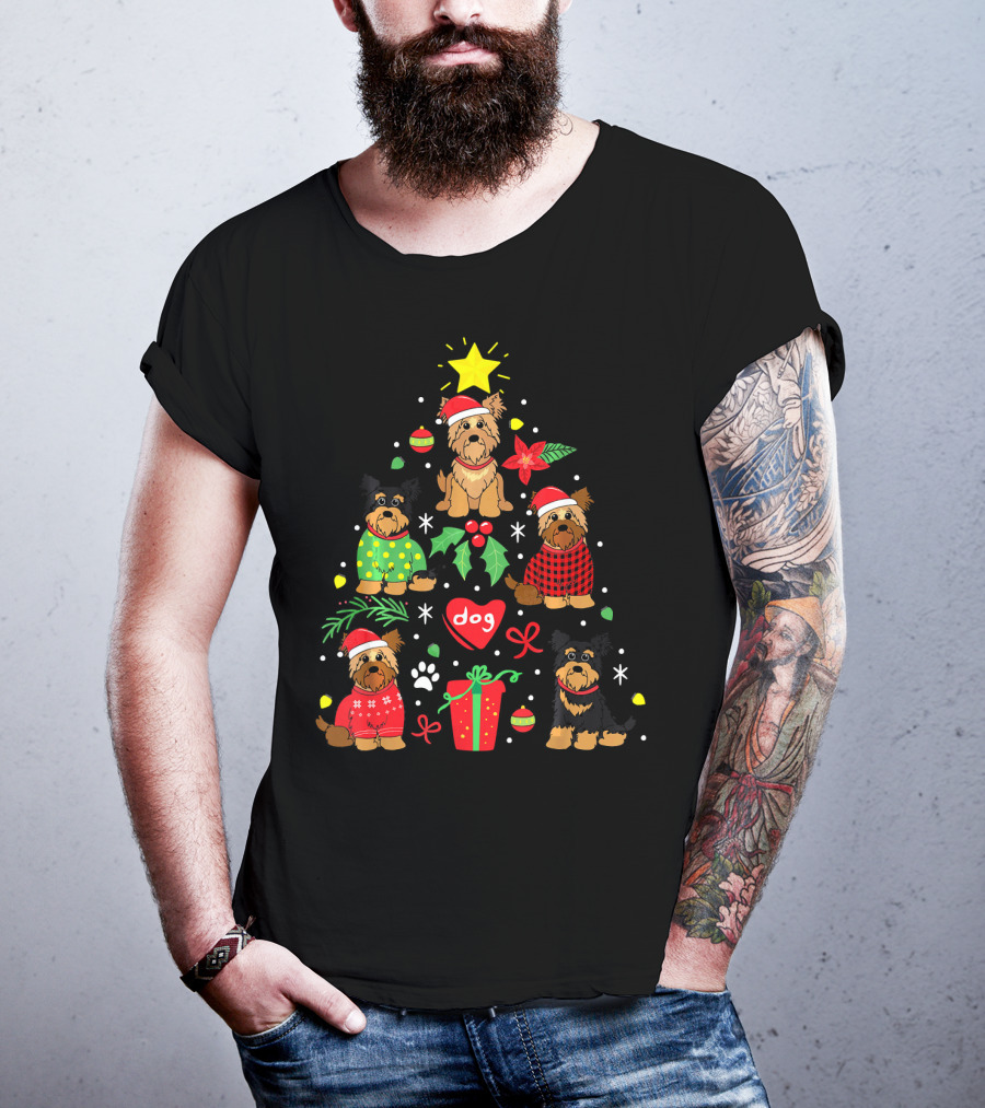 Yorkipoo Dog In Santa And Christmas Sweaters With Ornaments And Gifts T-Shirt