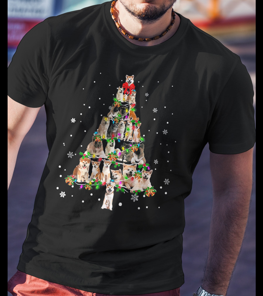 Cute Akita Dog Christmas Tree Decor With Snowflakes And Festive Lights T-Shirt