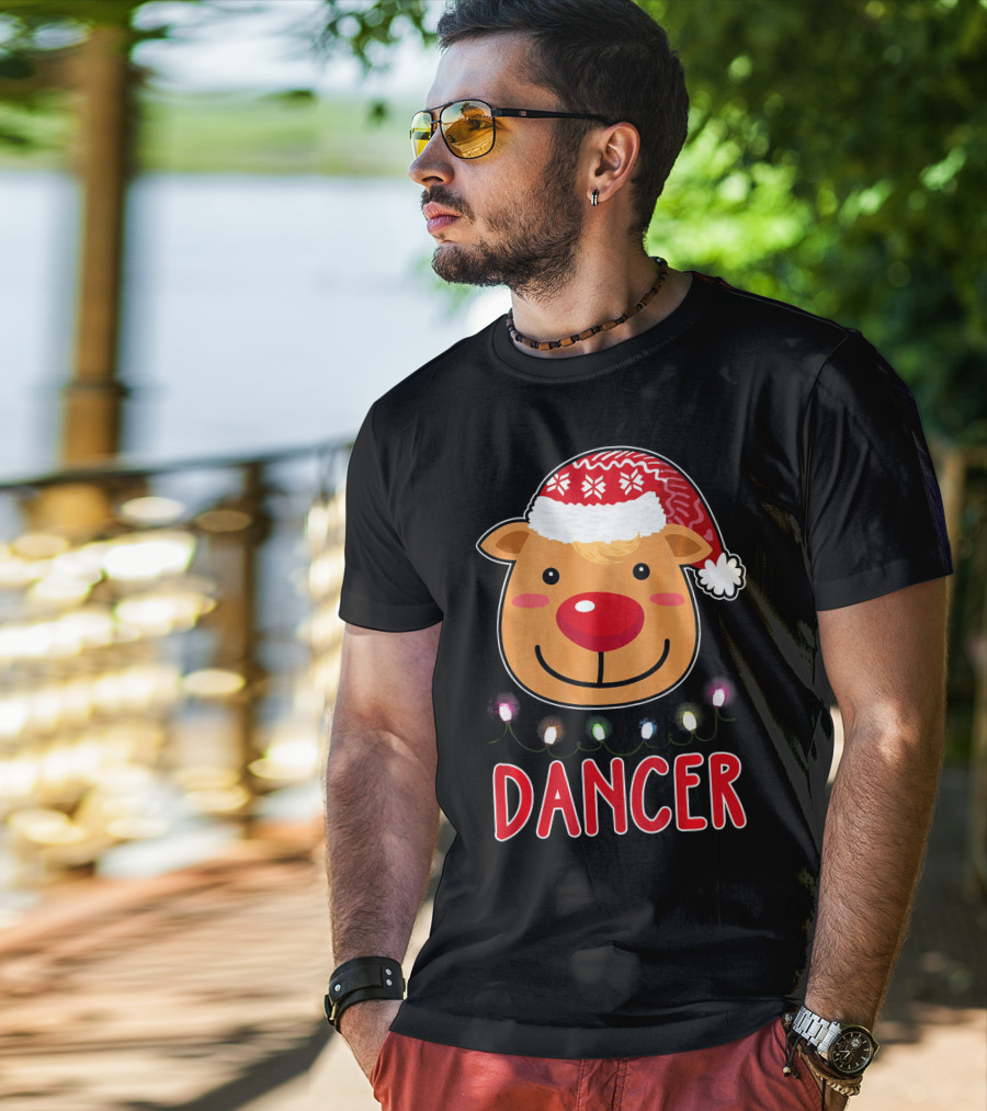 Dancer Reindeer Christmas Lights Santa Hat T-Shirt