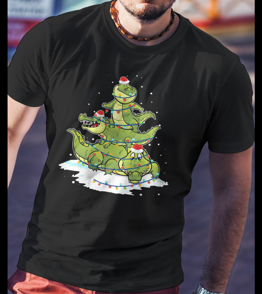 Alligator Santa Christmas Light Tree Festive Holiday Scene T-Shirt
