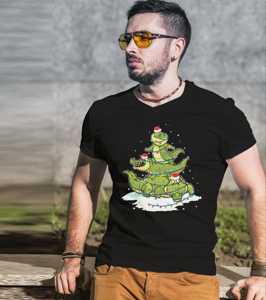 Alligator Santa Christmas Light Tree Festive Holiday Scene T-Shirt