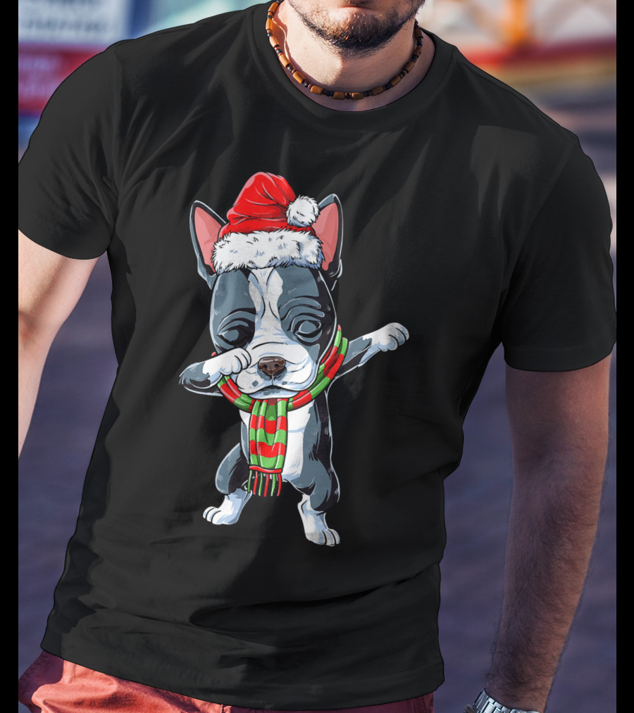 Dabbing Boston Terrier Santa Christmas Scarf Festive Dog T-Shirt