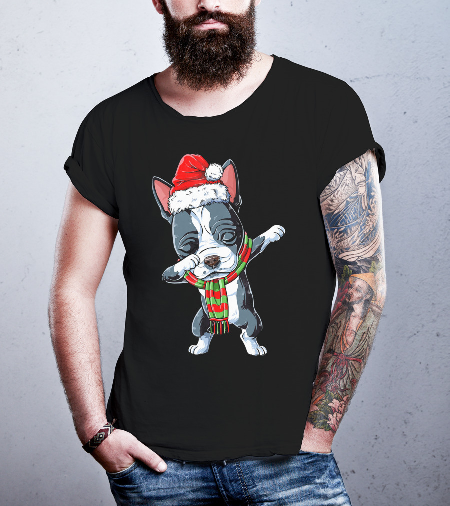 Dabbing Boston Terrier Santa Christmas Scarf Festive Dog T-Shirt
