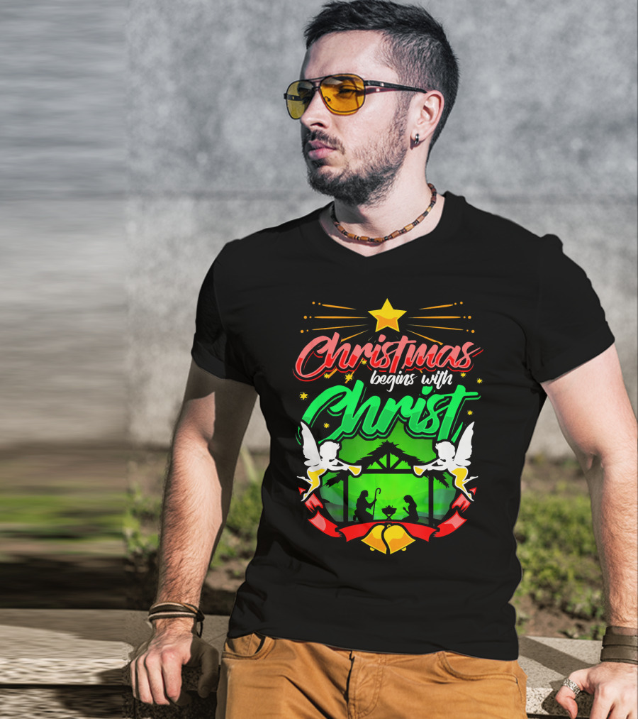 Christmas Begins With Christ Nativity Scene Angels Star T-Shirt