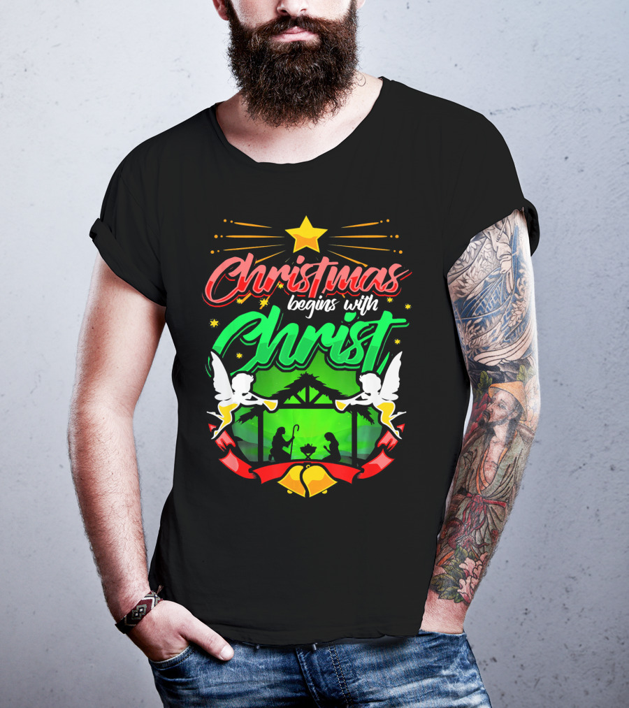 Christmas Begins With Christ Nativity Scene Angels Star T-Shirt