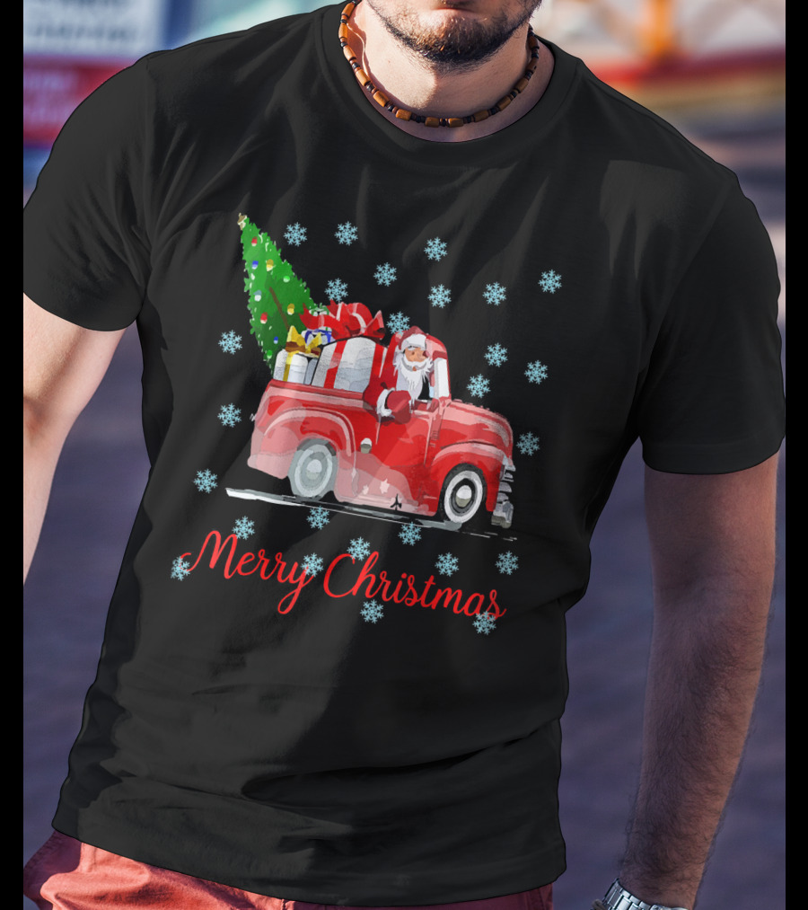 Merry Christmas Tree Santa Vintage Car With Presents And Snowflakes T-Shirt