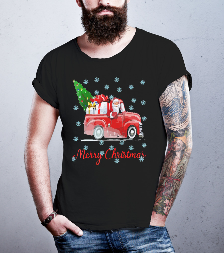 Merry Christmas Tree Santa Vintage Car With Presents And Snowflakes T-Shirt