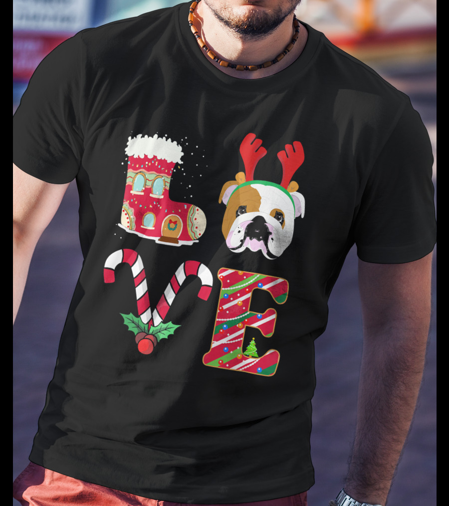 Love My English Bulldog Christmas Holiday Antlers Candy Cane T-Shirt