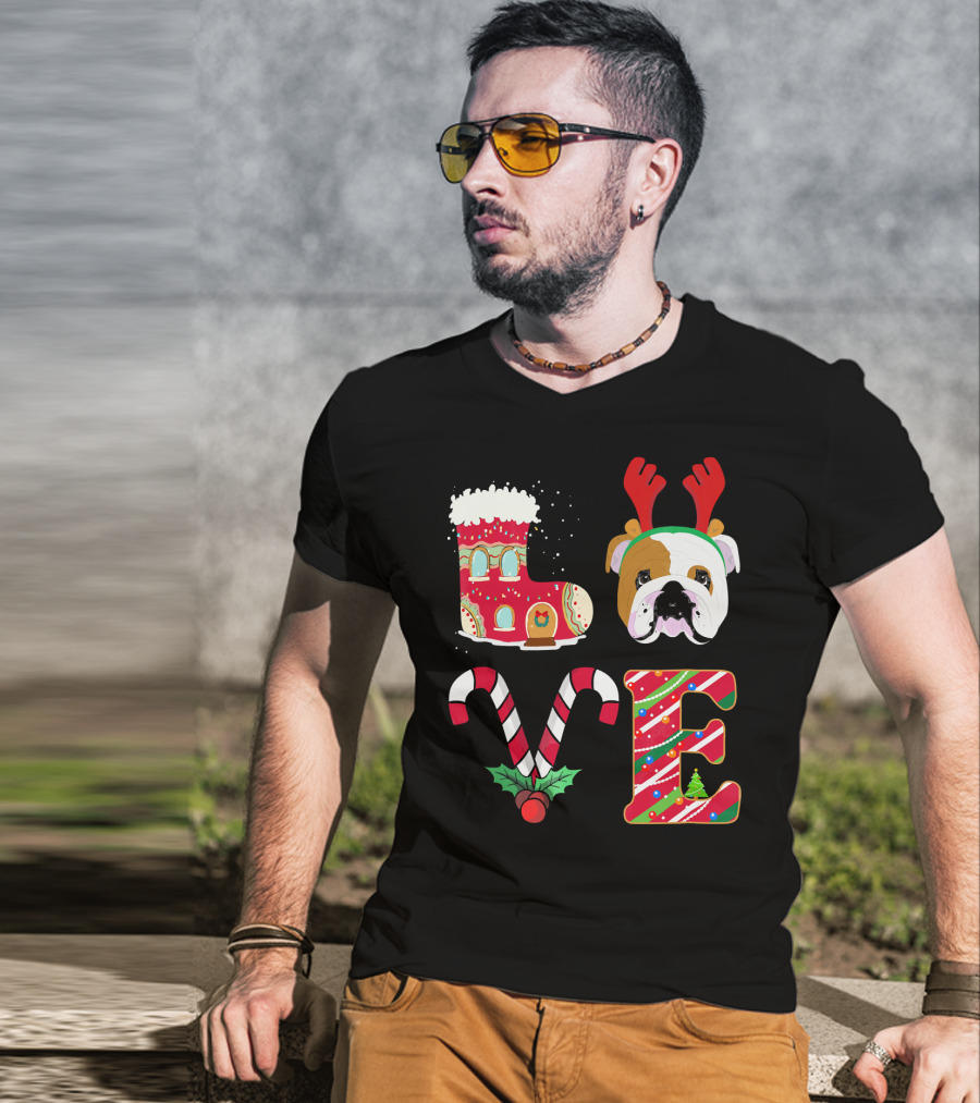 Love My English Bulldog Christmas Holiday Antlers Candy Cane T-Shirt