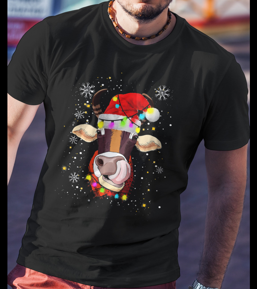 Festive Cow With Santa Hat And Christmas Lights For Animal Lovers T-Shirt