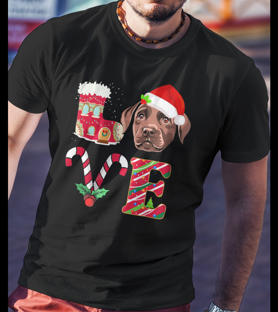 I Love My Chocolate Labrador Christmas Theme With Santa Hat And Candy Cane Decorations T-Shirt