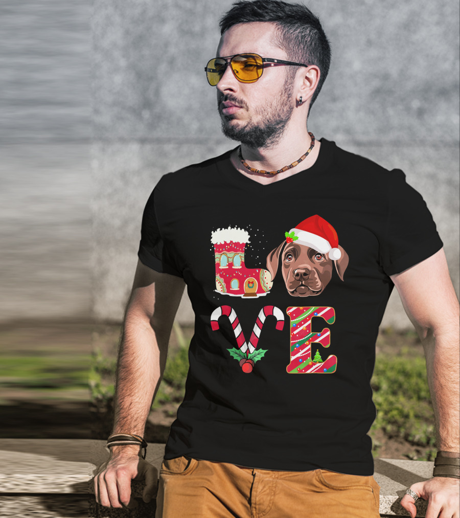 I Love My Chocolate Labrador Christmas Theme With Santa Hat And Candy Cane Decorations T-Shirt
