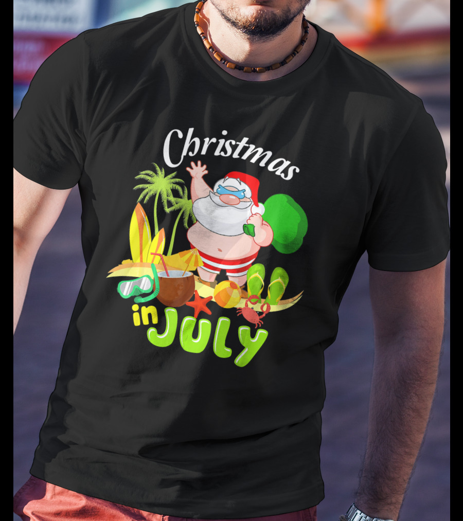 Christmas In July Santa With Surfboards, Palm Trees, Tropical Drinks, And Beach Accessories T-Shirt