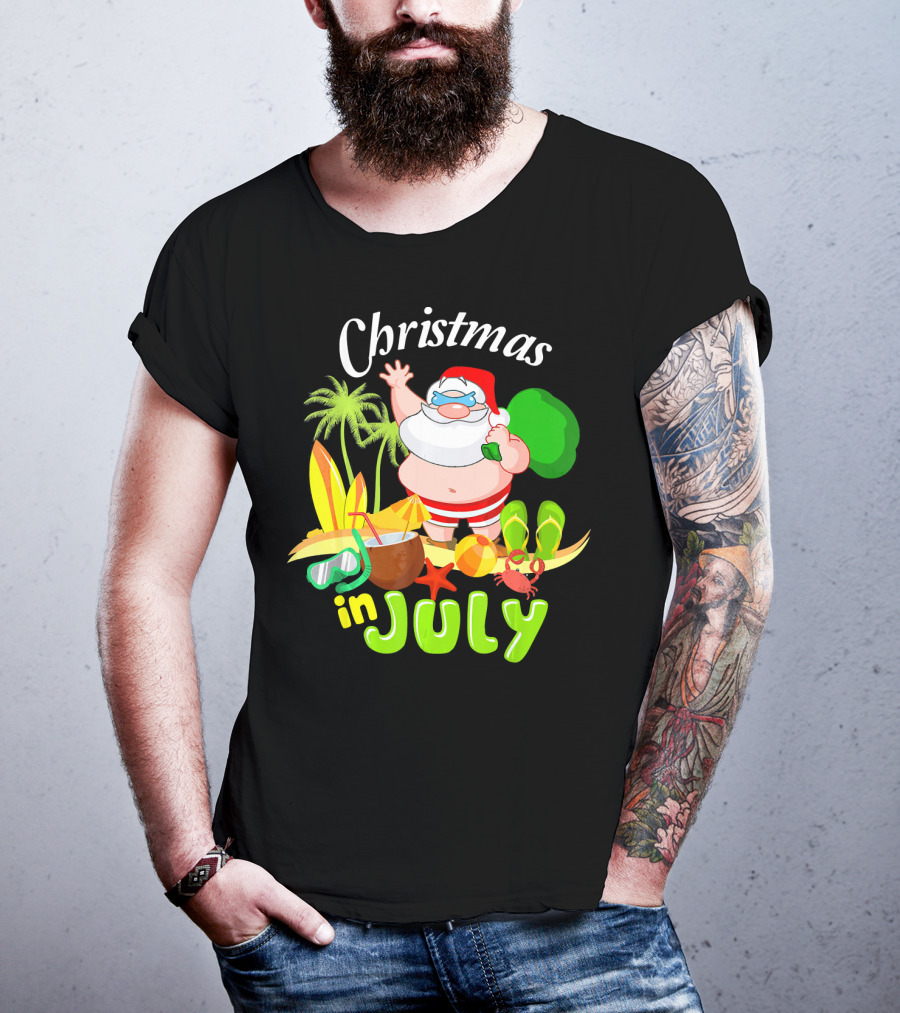 Christmas In July Santa With Surfboards, Palm Trees, Tropical Drinks, And Beach Accessories T-Shirt