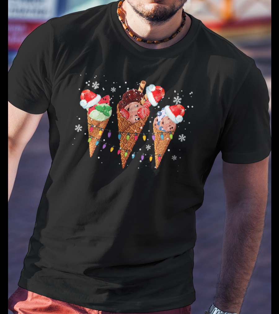 Ice Cream Cones Santa Hats Christmas Lights Snowflakes T-Shirt