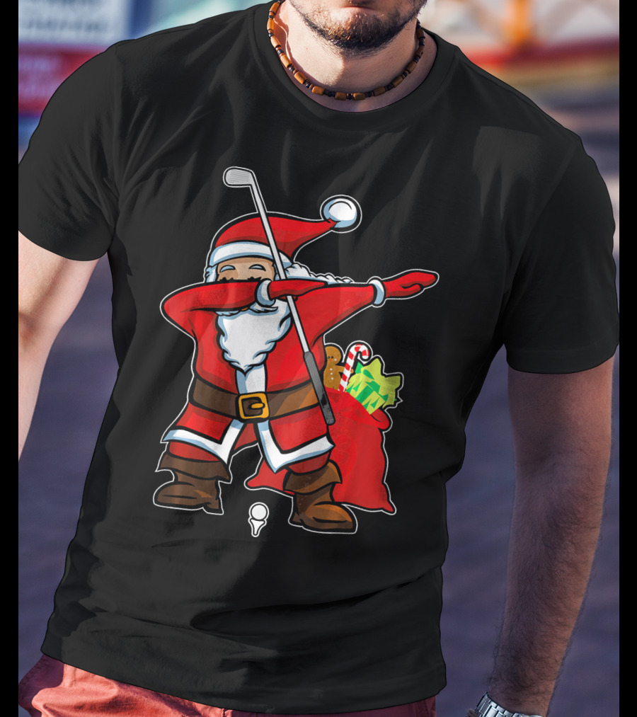 Christmas Dabbing Golf Santa With Gift Bag And Candy Cane T-Shirt