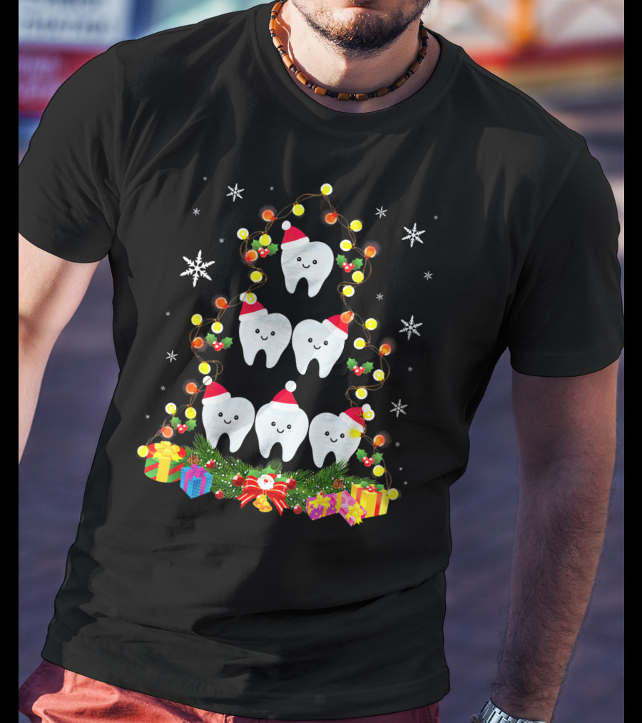Dental Christmas Tree With Lighted Tooth Ornaments And Festive Gifts T-Shirt