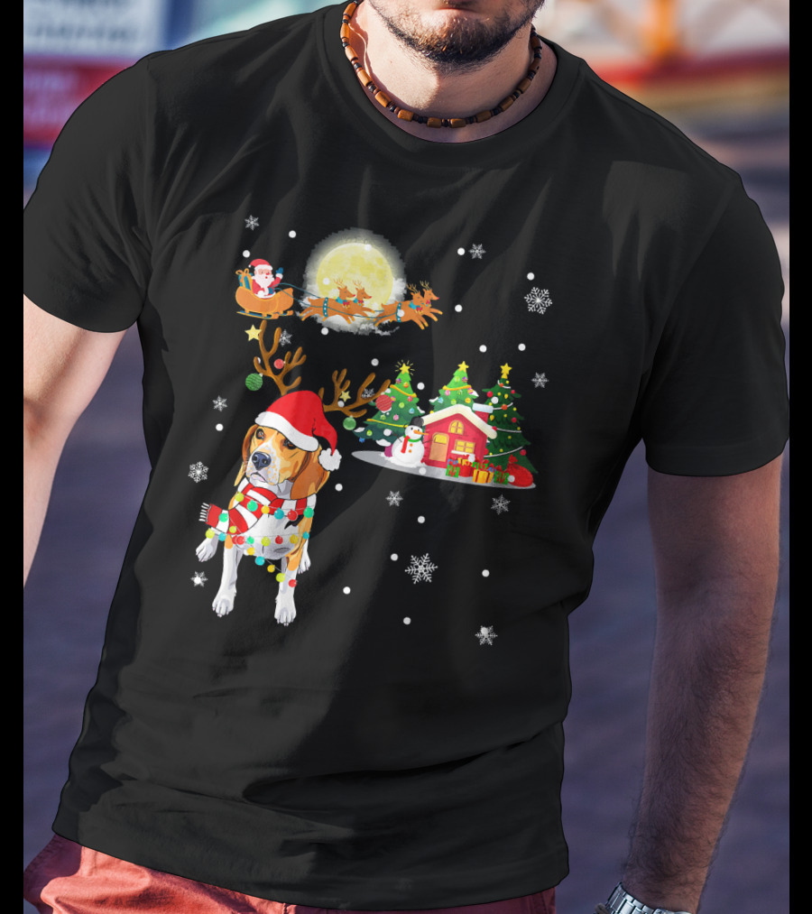 Beagle Christmas Santa Sleigh Trees Snowman Holiday Scene T-Shirt