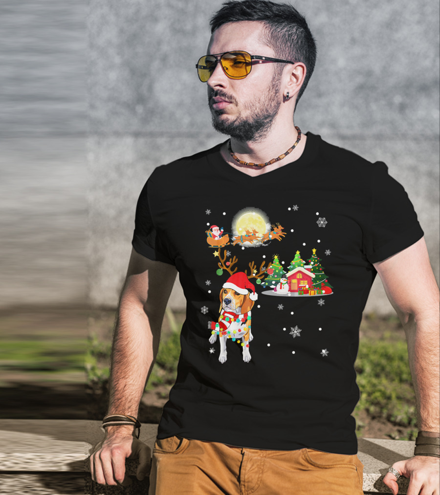 Beagle Christmas Santa Sleigh Trees Snowman Holiday Scene T-Shirt