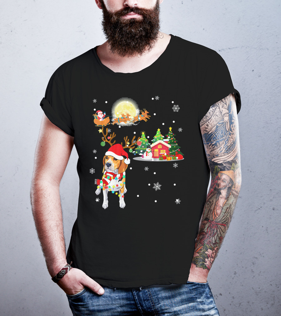 Beagle Christmas Santa Sleigh Trees Snowman Holiday Scene T-Shirt