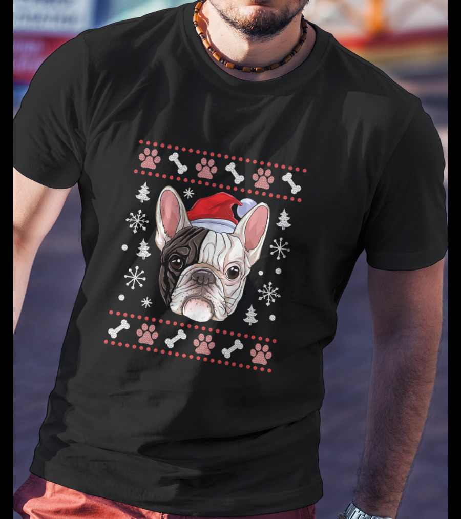 French Bulldog Christmas Santa Hat Snowflake Paw Bones T-Shirt