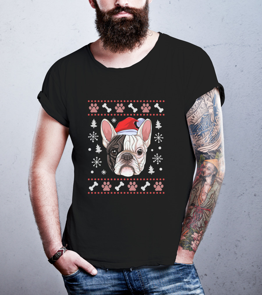 French Bulldog Christmas Santa Hat Snowflake Paw Bones T-Shirt