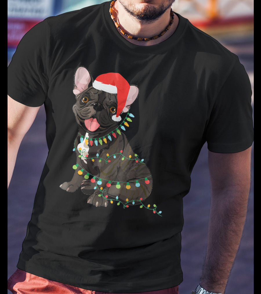 Santa French Bulldog Tangled In Christmas Lights T-Shirt