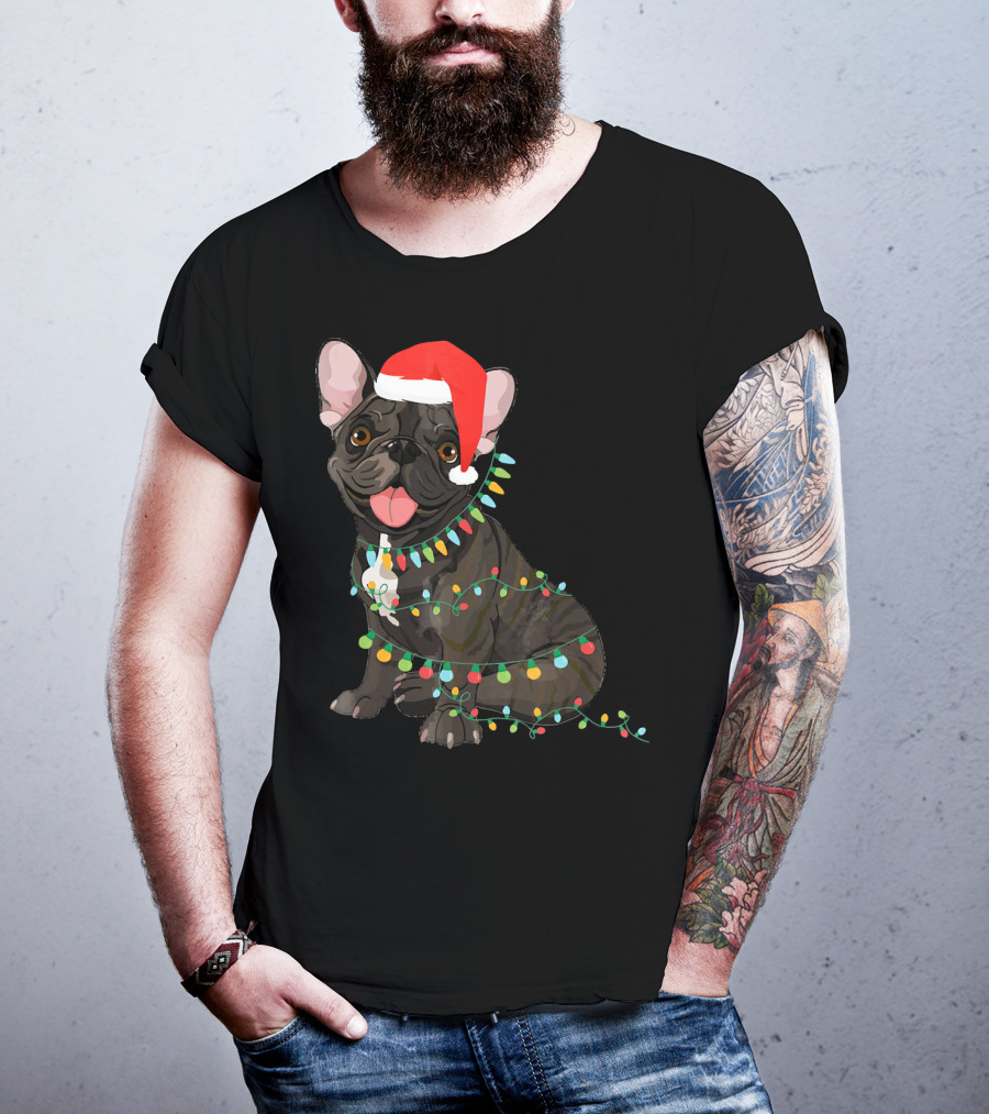 Santa French Bulldog Tangled In Christmas Lights T-Shirt