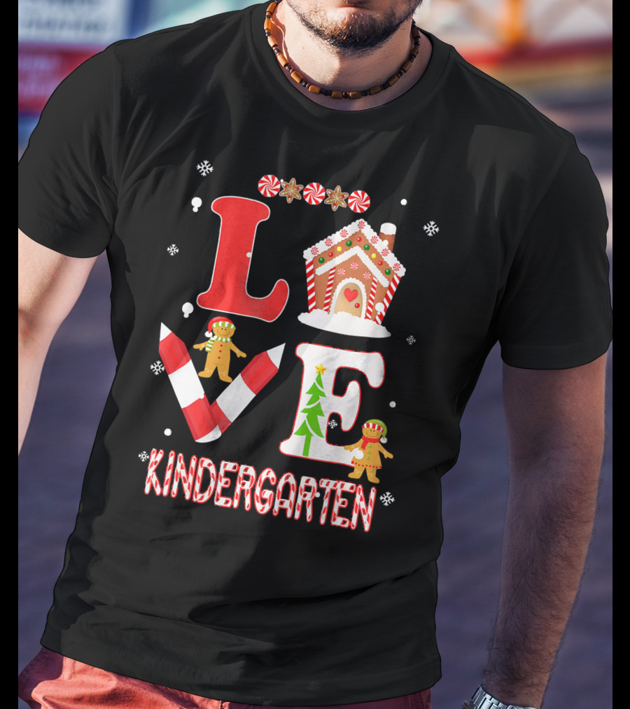 Love Kindergarten Teacher Gingerbread Candy Cane Christmas T-Shirt