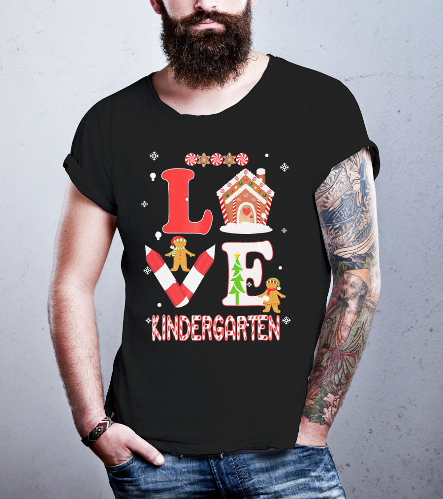 Love Kindergarten Teacher Gingerbread Candy Cane Christmas T-Shirt