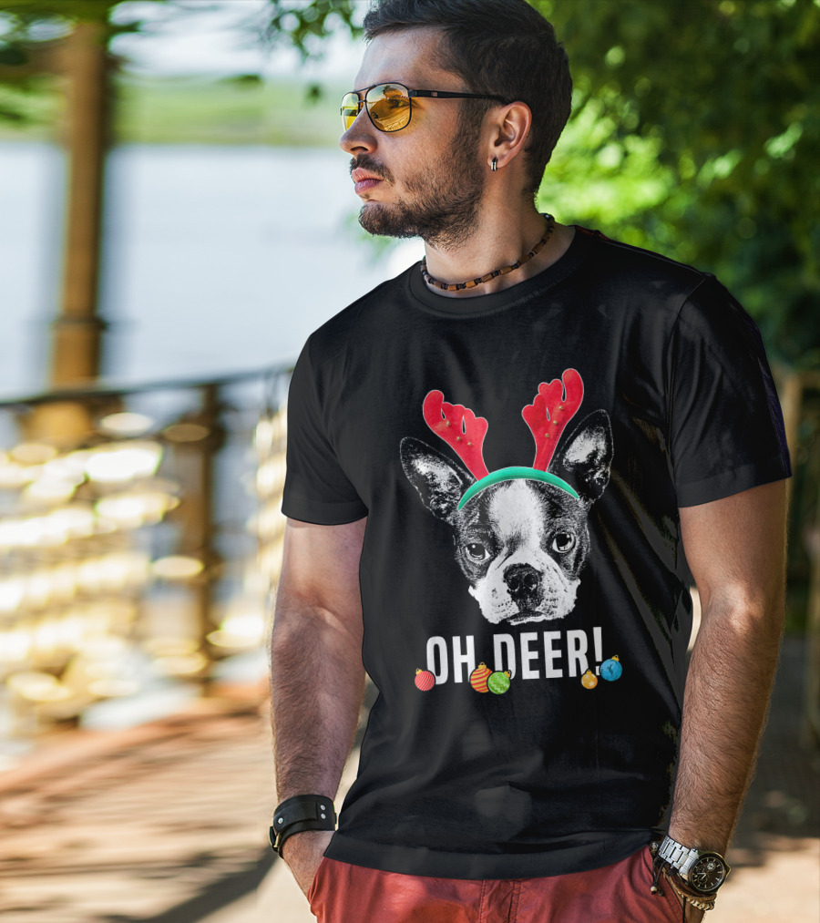 Oh Deer Boston Terrier With Reindeer Antlers And Christmas Ornaments T-Shirt