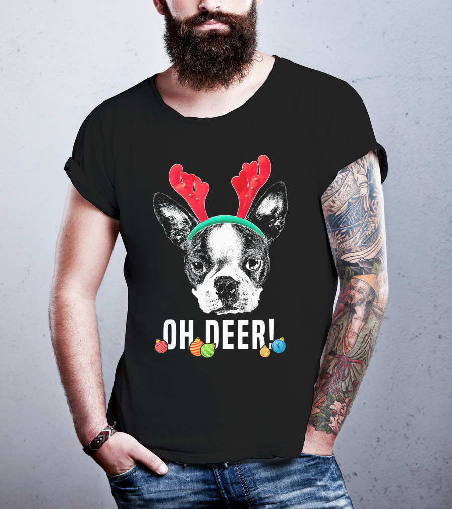 Oh Deer Boston Terrier With Reindeer Antlers And Christmas Ornaments T-Shirt