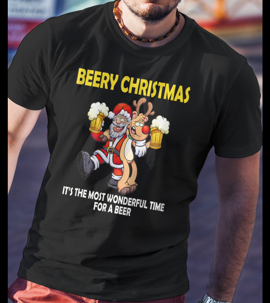 Beery Christmas It's The Most Wonderful Time For A Beer Santa And Reindeer Cheers T-Shirt