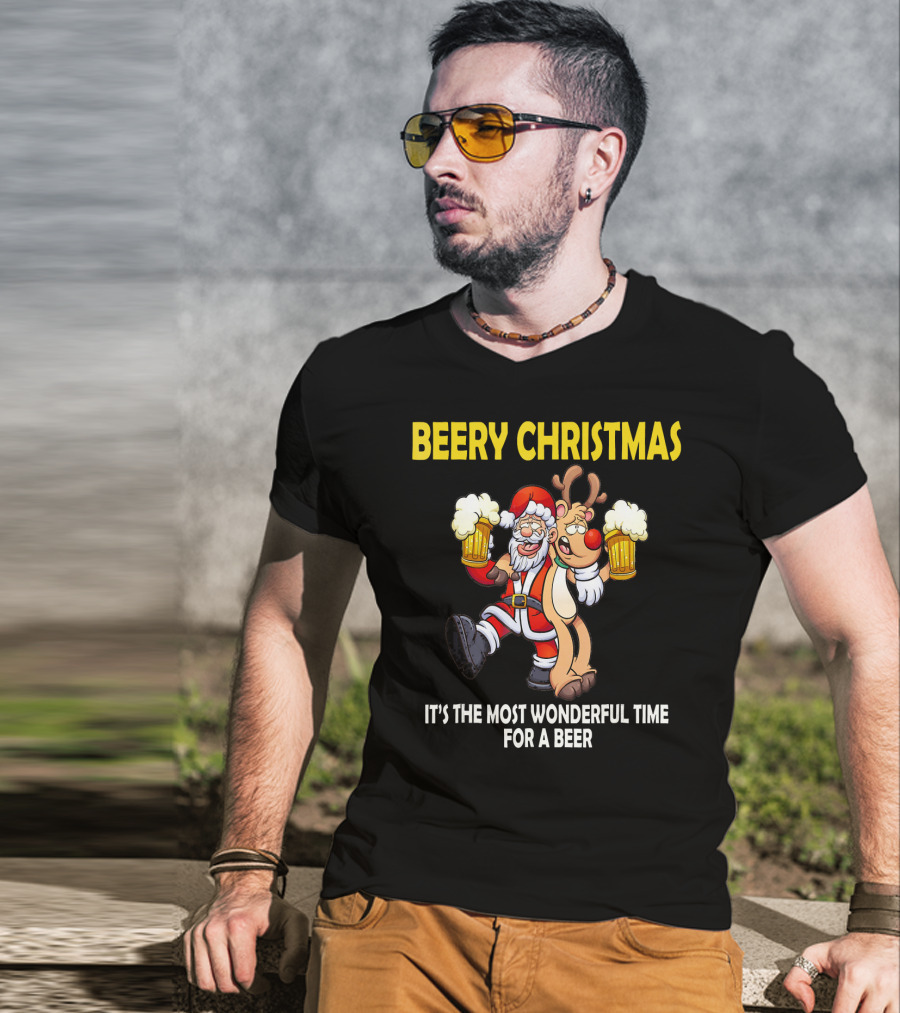 Beery Christmas It's The Most Wonderful Time For A Beer Santa And Reindeer Cheers T-Shirt