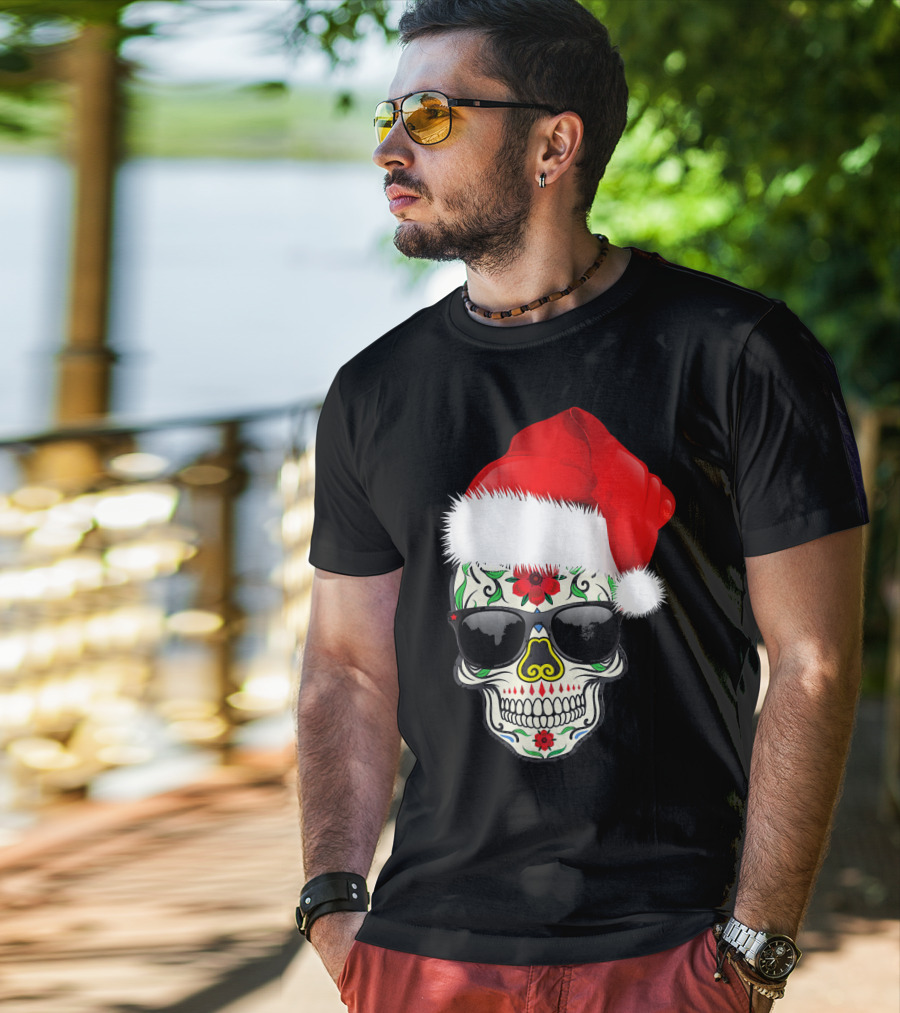 Christmas Santa Hat Day Of The Dead Sugar Skull Suga T-Shirt