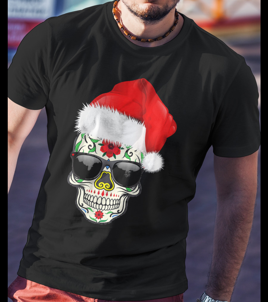 Christmas Santa Hat Day Of The Dead Sugar Skull Suga T-Shirt