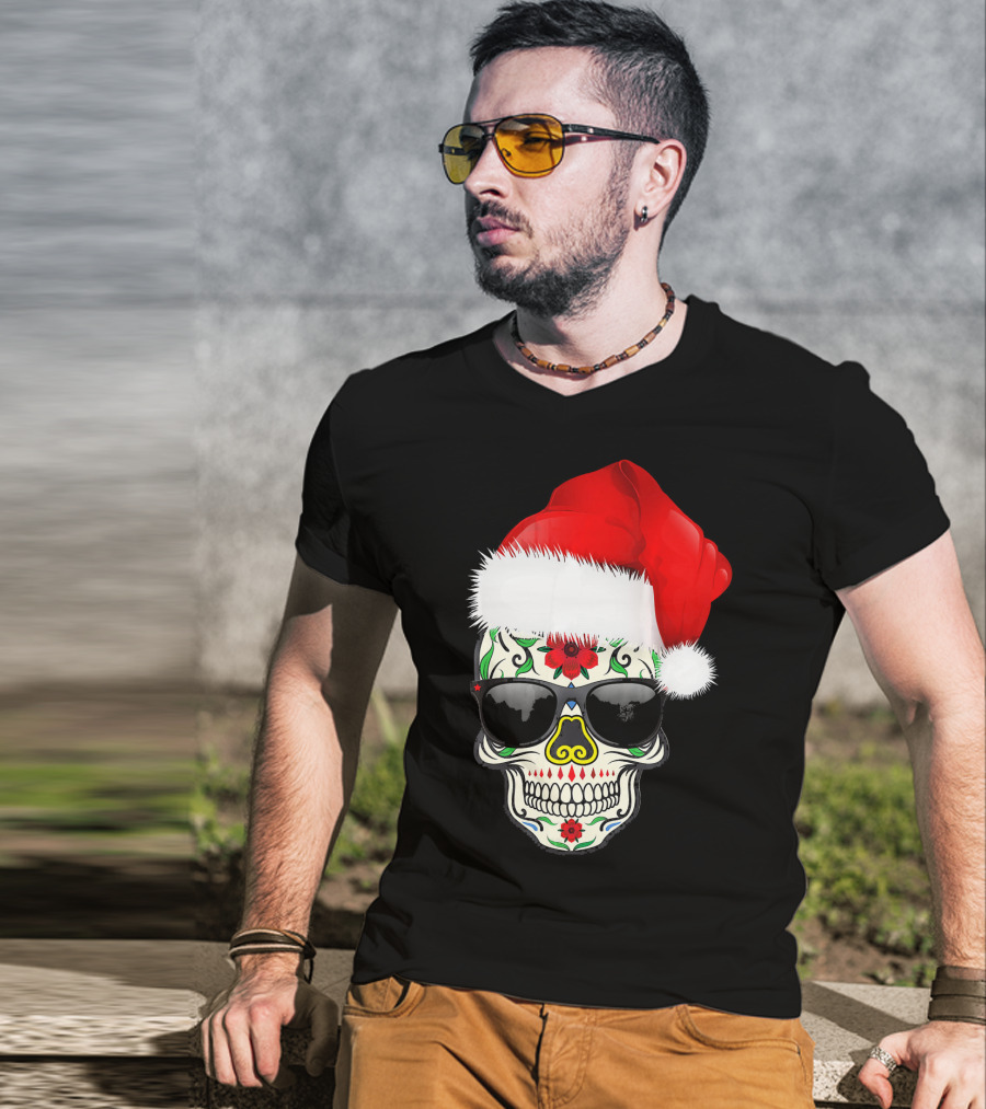Christmas Santa Hat Day Of The Dead Sugar Skull Suga T-Shirt