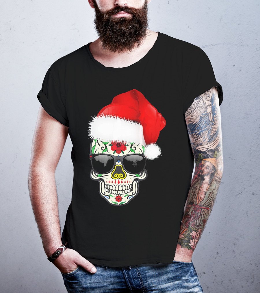 Christmas Santa Hat Day Of The Dead Sugar Skull Suga T-Shirt