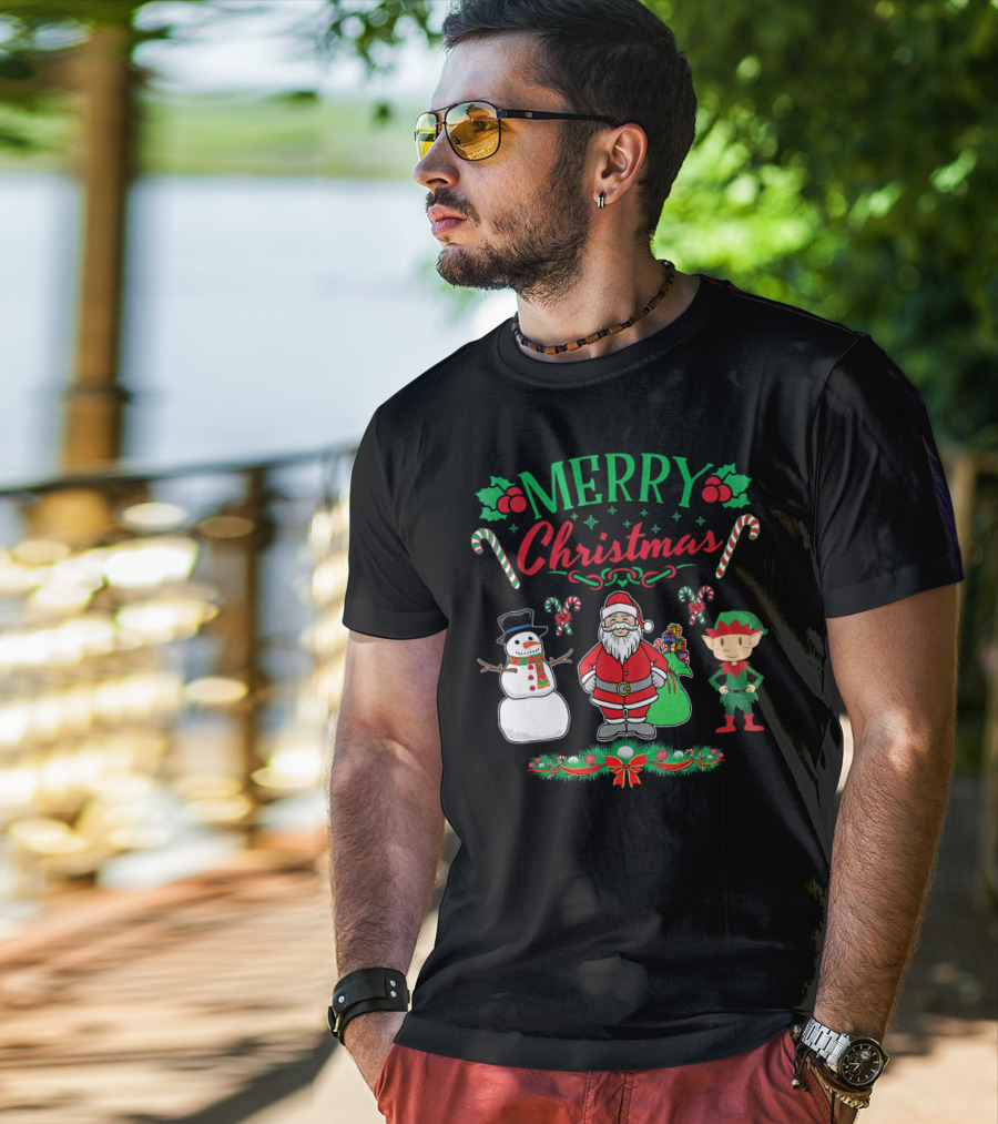Merry Christmas Santa And Snowman With Elf And Candy Canes T-Shirt