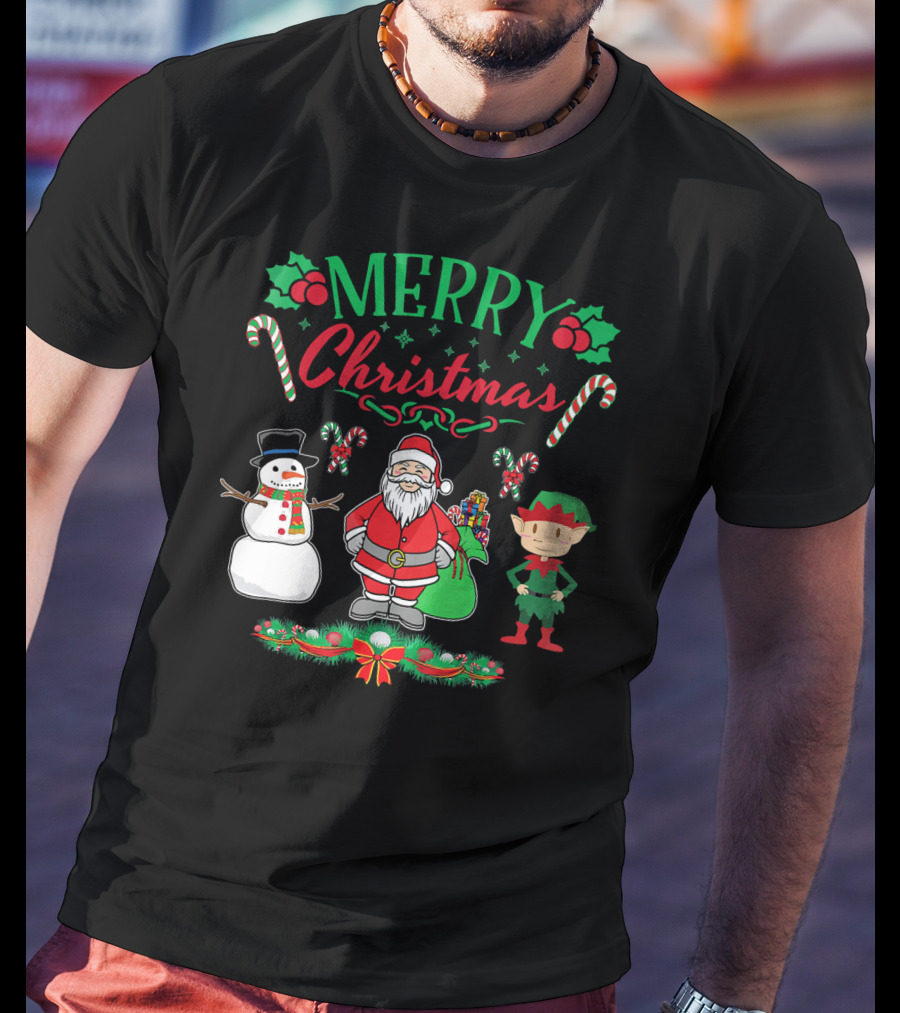 Merry Christmas Santa And Snowman With Elf And Candy Canes T-Shirt