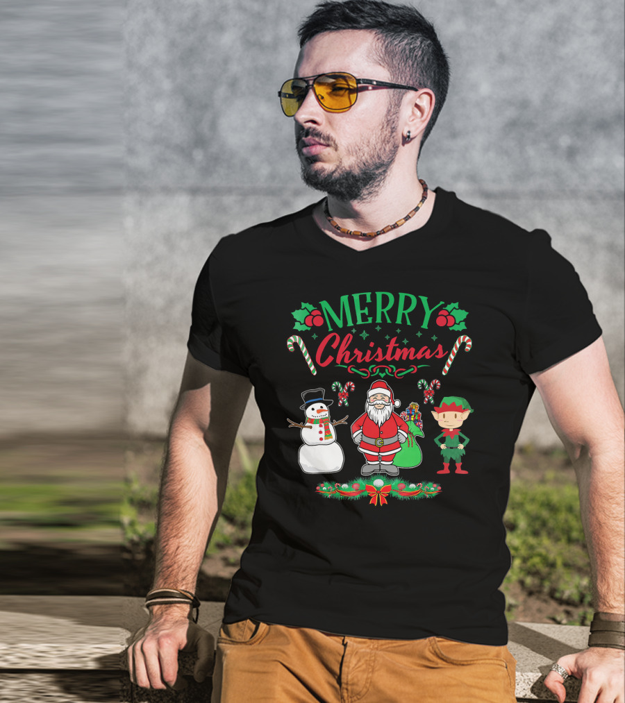 Merry Christmas Santa And Snowman With Elf And Candy Canes T-Shirt