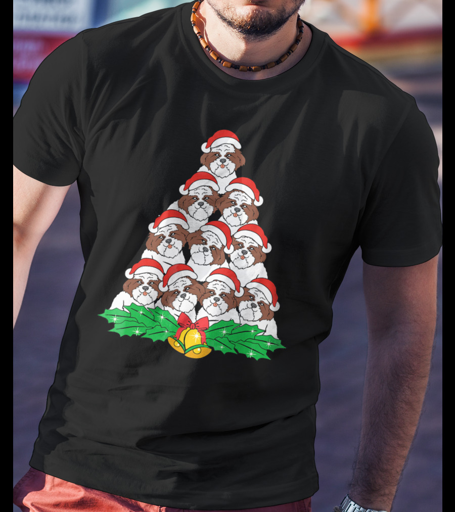 Shih Tzu Christmas Tree Dog Santa Hat Bells Holly Xmas Lover T-Shirt