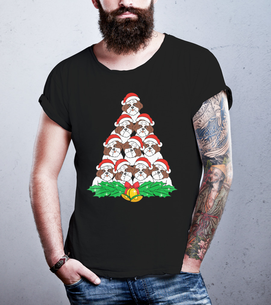 Shih Tzu Christmas Tree Dog Santa Hat Bells Holly Xmas Lover T-Shirt