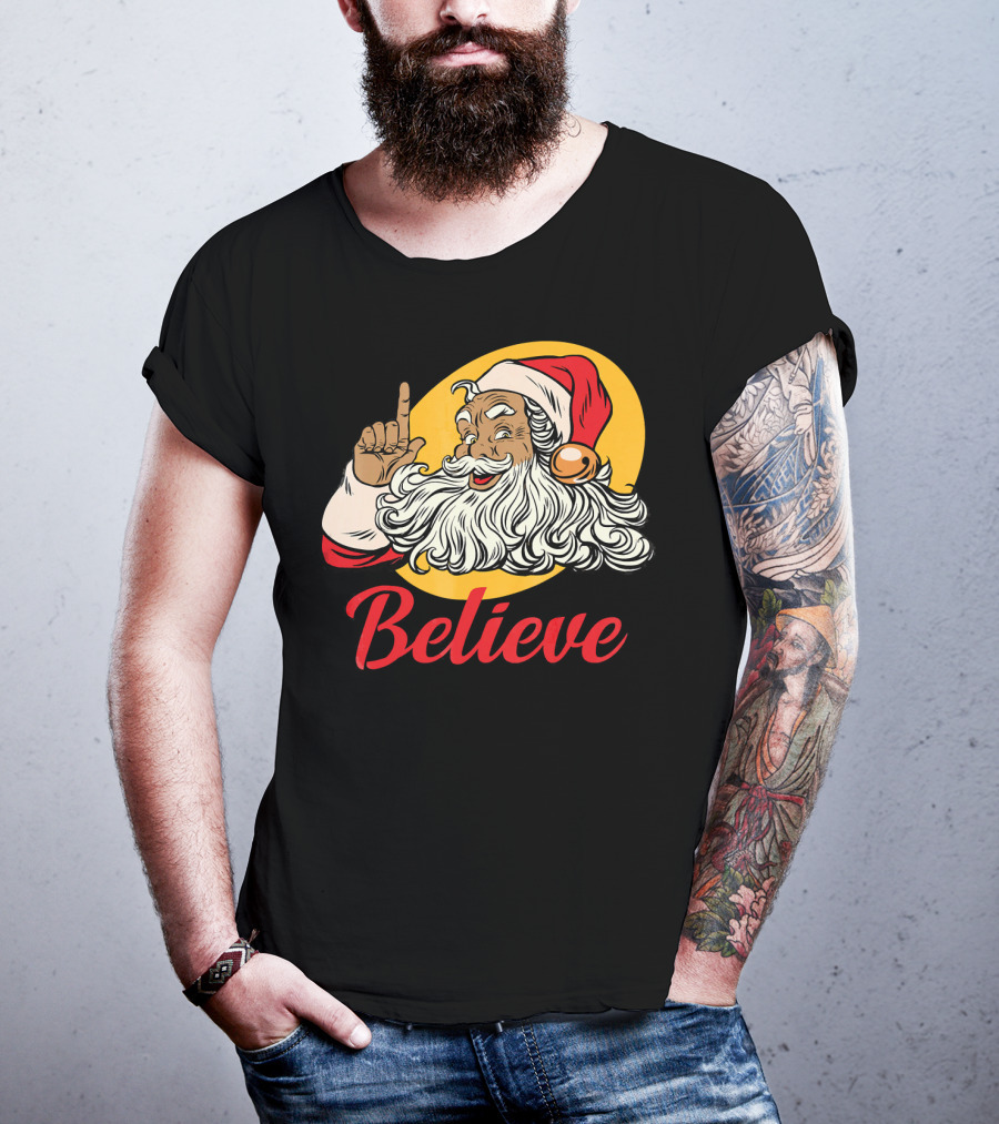Black Santa Claus With Believe Caption And Yellow Background T-Shirt