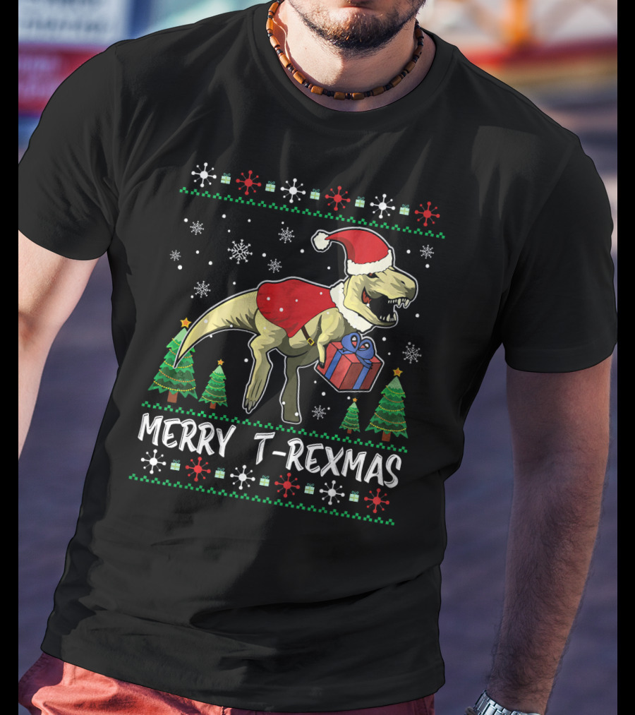 Merry T-Rexmas Dinosaur Santa Claus Holiday Snowflakes Trees T-Shirt