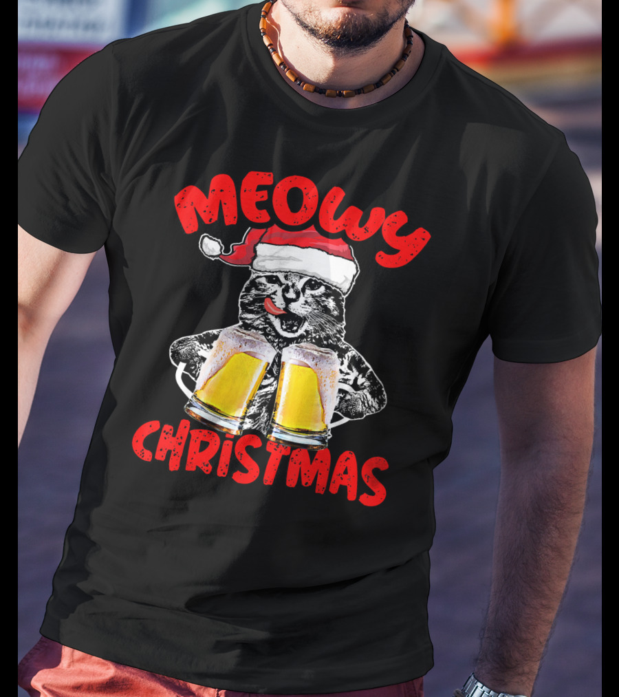Meowy Christmas Funny Meow Drinking Beer Cat T-Shirt