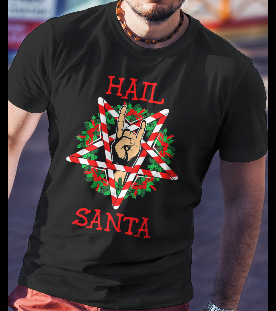 Hail Santa Sleigher Pentagram With Candy Cane And Rock Hand Gesture T-Shirt